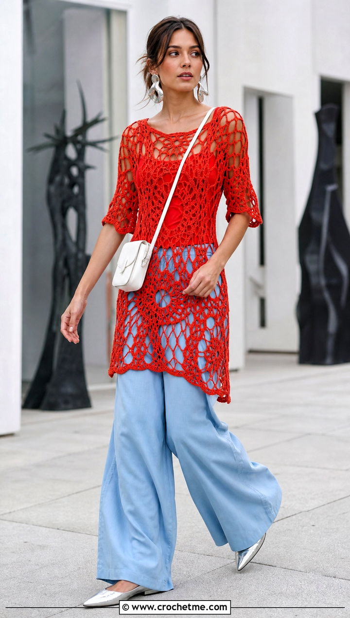 Vintage Red Openwork Crochet Tunic Dress With Wide Leg Pants - 15 vintage red crochet dress outfit ideas