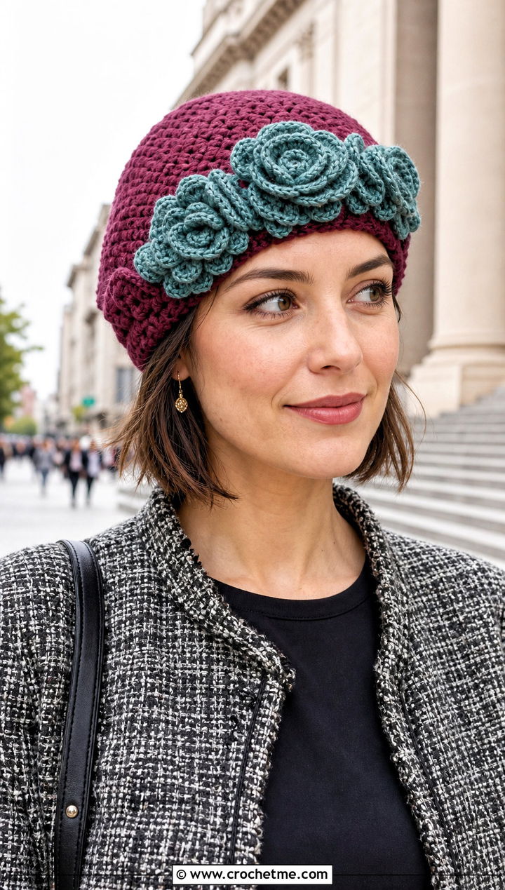 Vintage Rose Crochet Beanie With Tweed Jacket - 30 crochet flower beanie outfit ideas