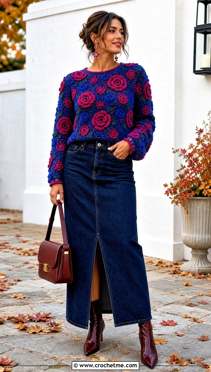 Vintage Rose Crochet Sweater With Maxi Denim Skirt - 25 vintage crochet sweater outfit ideas