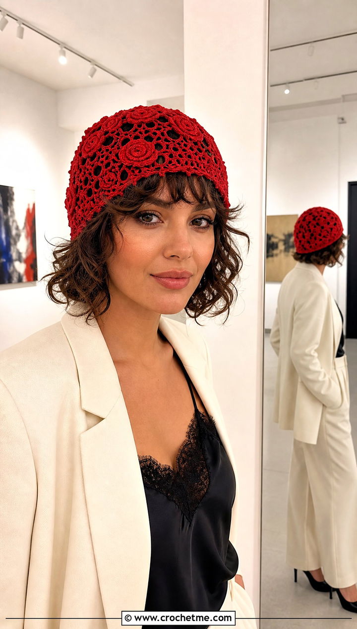 Vintage Rose Lace Crochet Beanie With Evening Suit - 30 crochet lace beanie outfit ideas