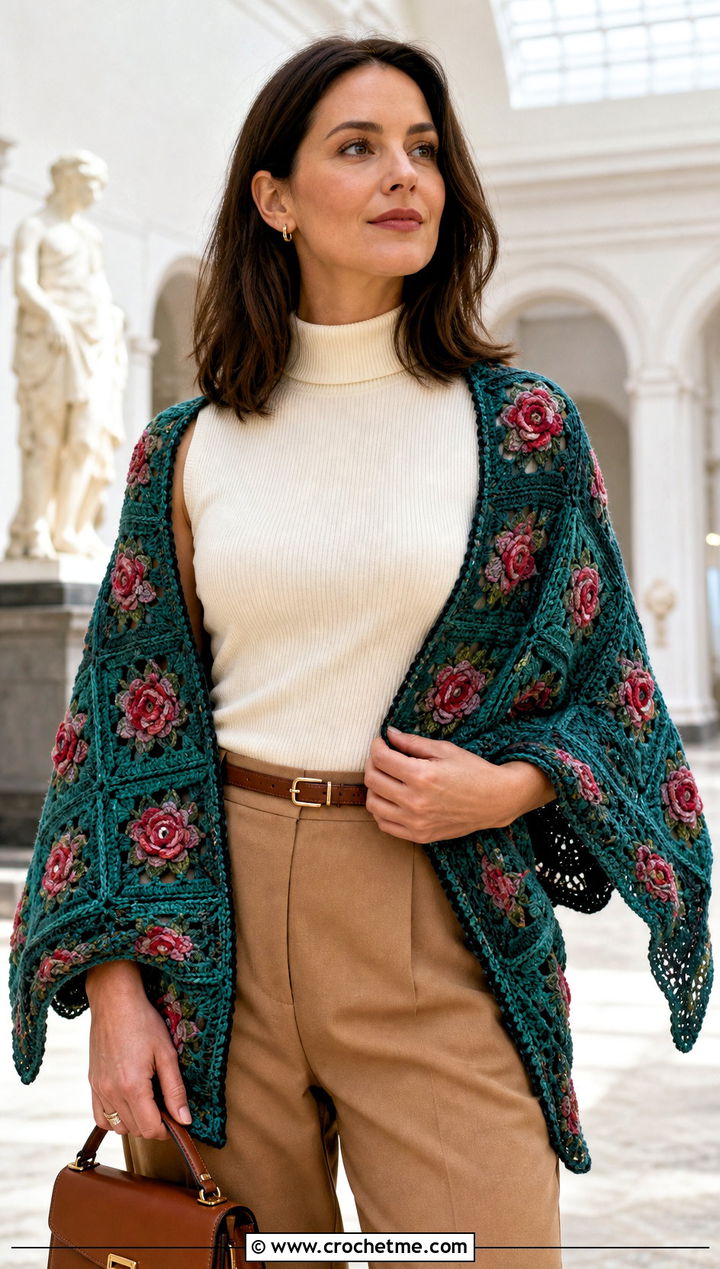 Vintage Rose Motif Shawl With Tailored Trousers - 20 Crochet Rose Shawl outfit ideas