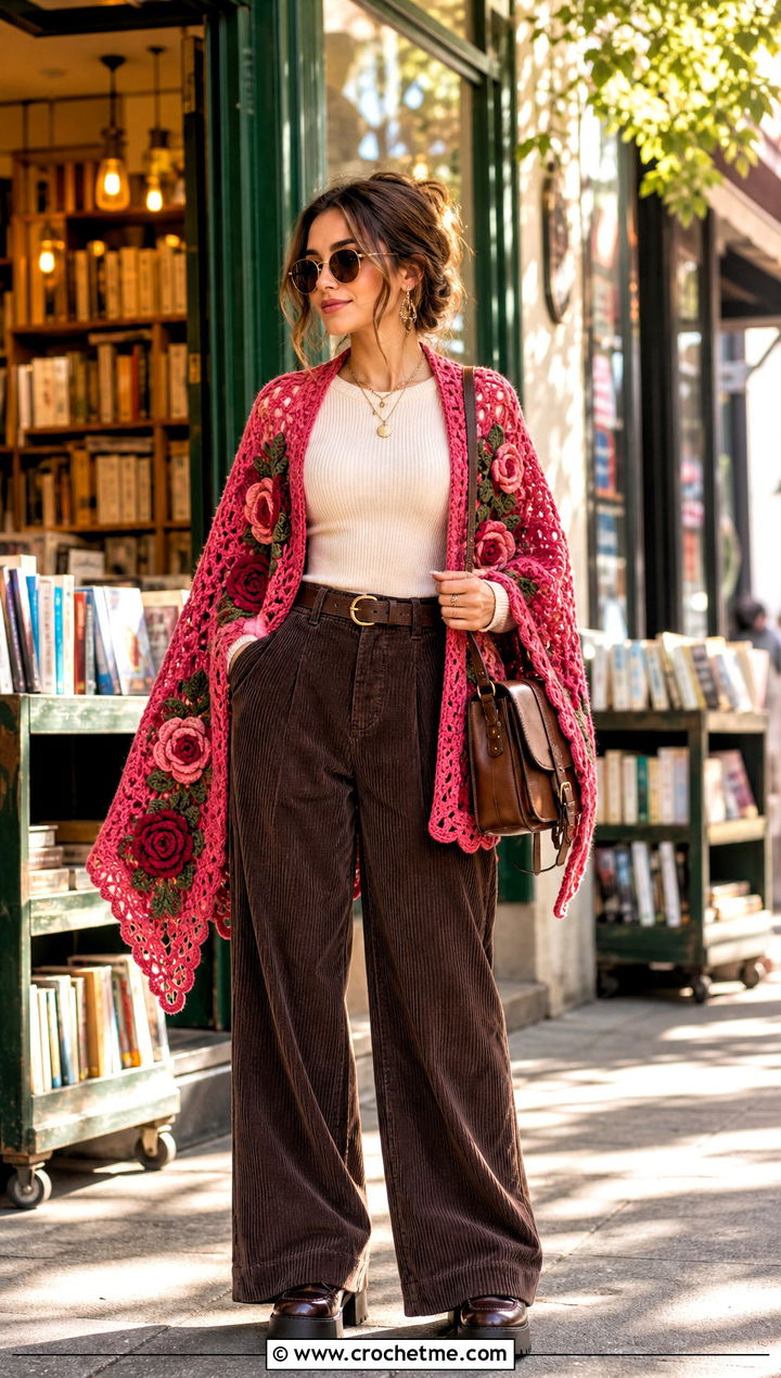 Vintage Rose Square Crochet Shawl With Corduroy Pants - 25 Square Crochet Shawl outfit ideas