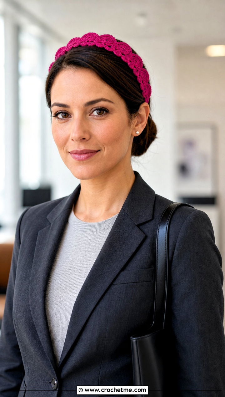 Vintage Scalloped Crochet Headband With Tailored Suit - 15 vintage crochet headband outfit ideas