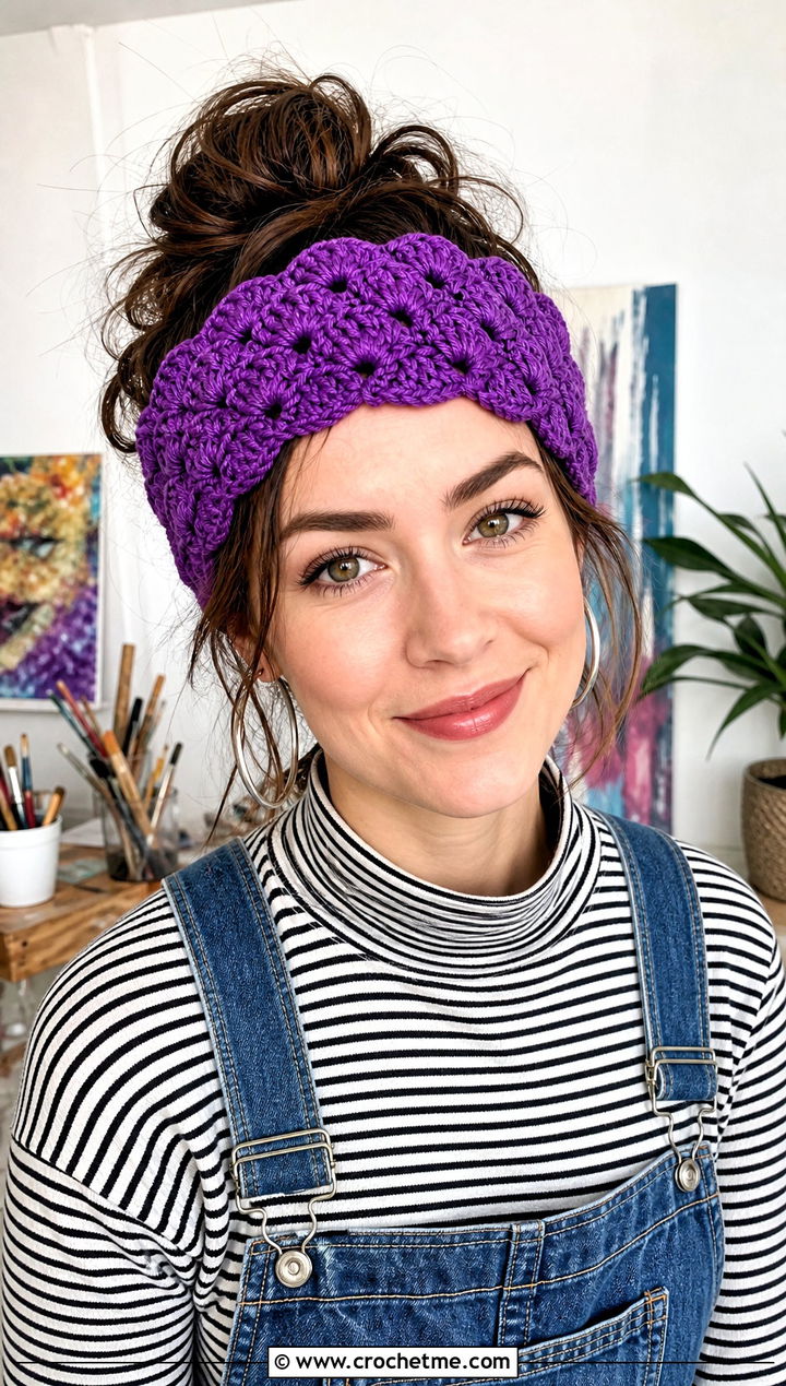 Vintage Shell Stitch Crochet Headband With Denim Overalls - 15 vintage crochet headband outfit ideas
