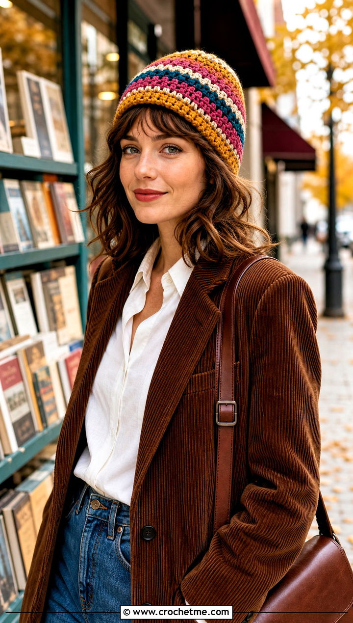 Vintage Stripe Crochet Beanie With Corduroy Blazer - 25 striped crochet beanie outfit ideas