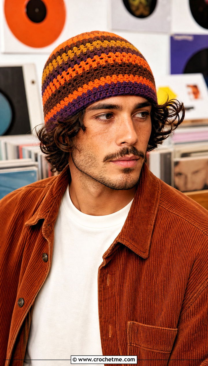 Vintage Stripe Crochet Beanie With Corduroy Jacket - 15 mens striped crochet beanie outfit ideas