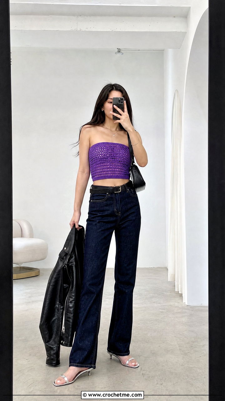 Violet Crochet Tube Top With Dark Jeans - 35 crochet birthday outfit ideas