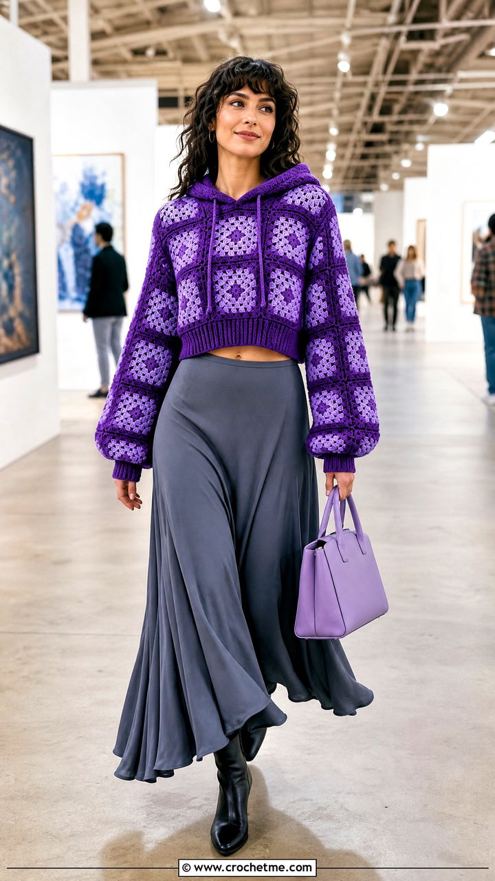 Violet Granny Square Hoodie With Maxi Skirt - 35 granny square hoodie outfit ideas