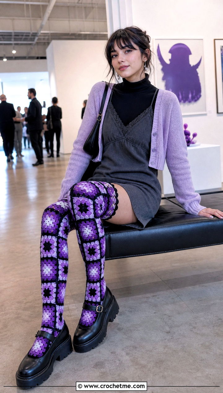 Violet Granny Square Thigh High Socks With Slip Dress - 25 granny square thigh high socks outfit ideas