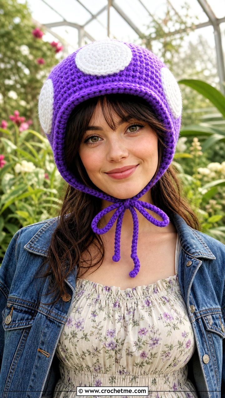 Violet Mario Toad Bonnet With Prairie Dress - 15 Mario Toad Crochet Hat outfit ideas