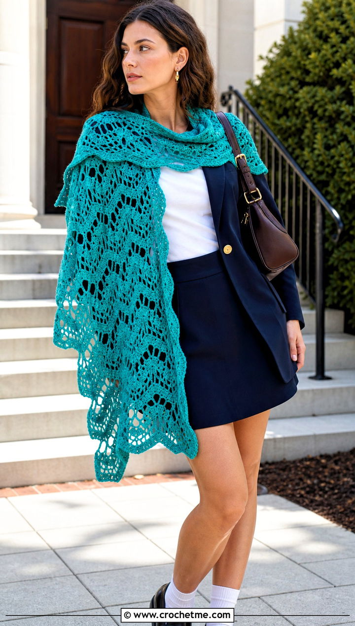 Virus Granny V Stitch Shawl With Blazer And Mini Skirt - 15 crochet virus shawls outfit ideas