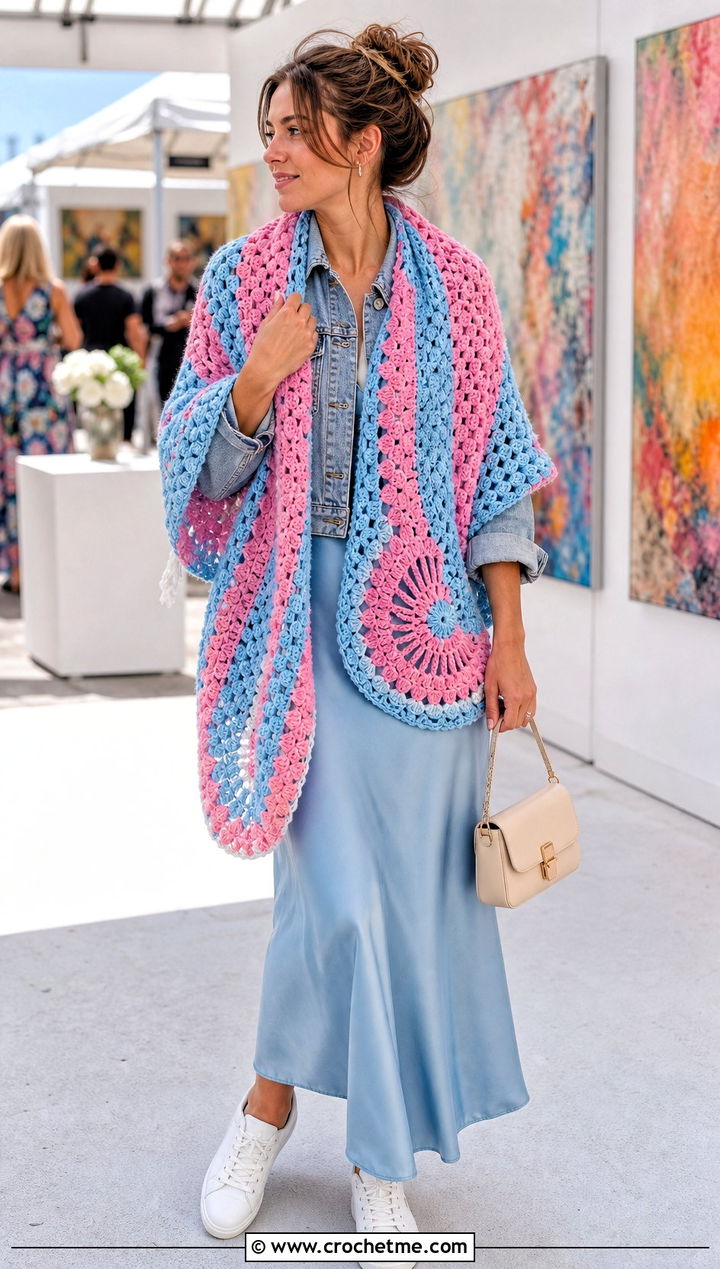 Virus Meets Granny Shawl With Denim Jacket And Maxi Skirt - 15 crochet virus shawls outfit ideas