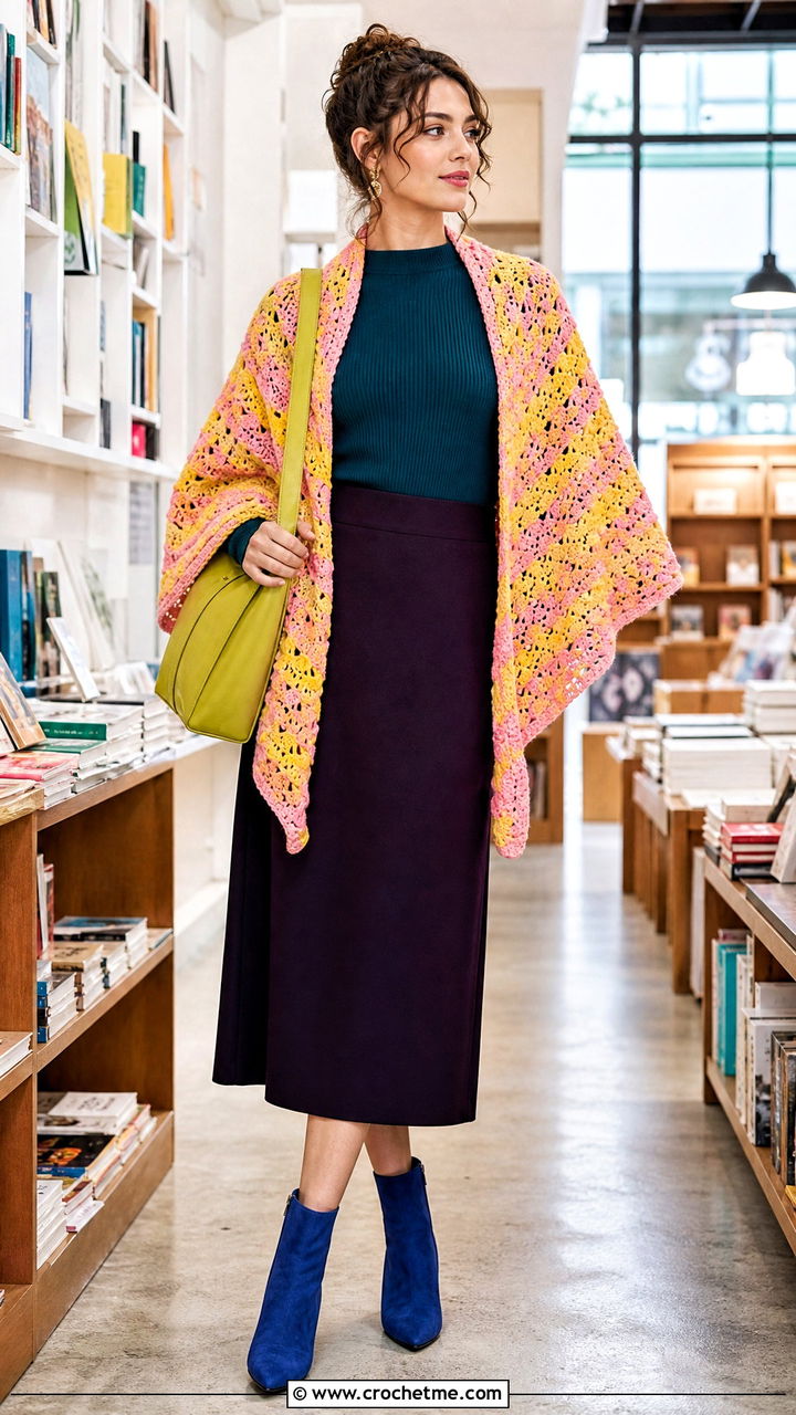 Virus Stitch Crochet Shawl With A Minimal Midi Skirt - 35 crochet shawl outfit ideas