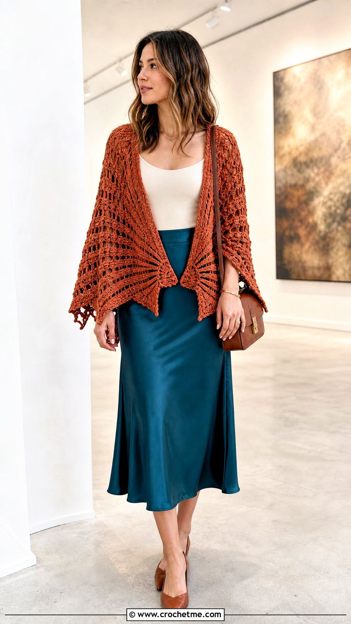 Virus Stitch Crochet Shawl With Satin Skirt - 35 easy simple crochet shawl outfit ideas