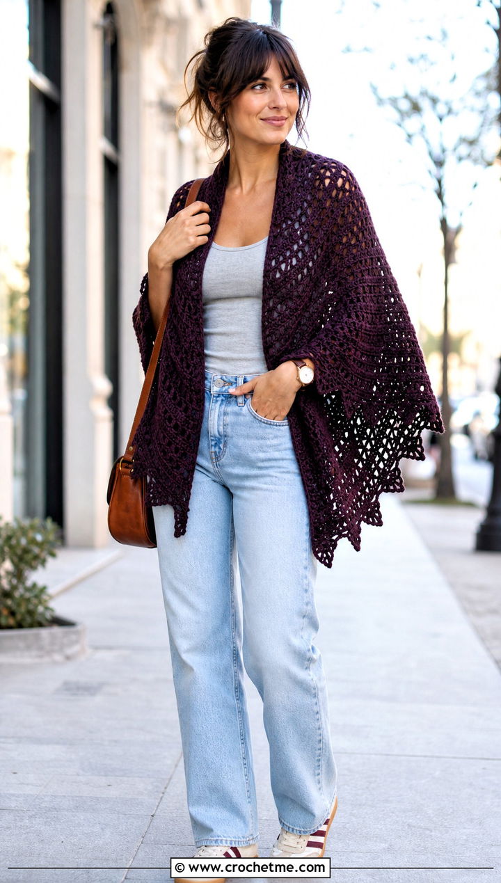 Virus Stitch Crochet Shawl With Straight Leg Jeans - 30 summer crochet shawl outfit ideas