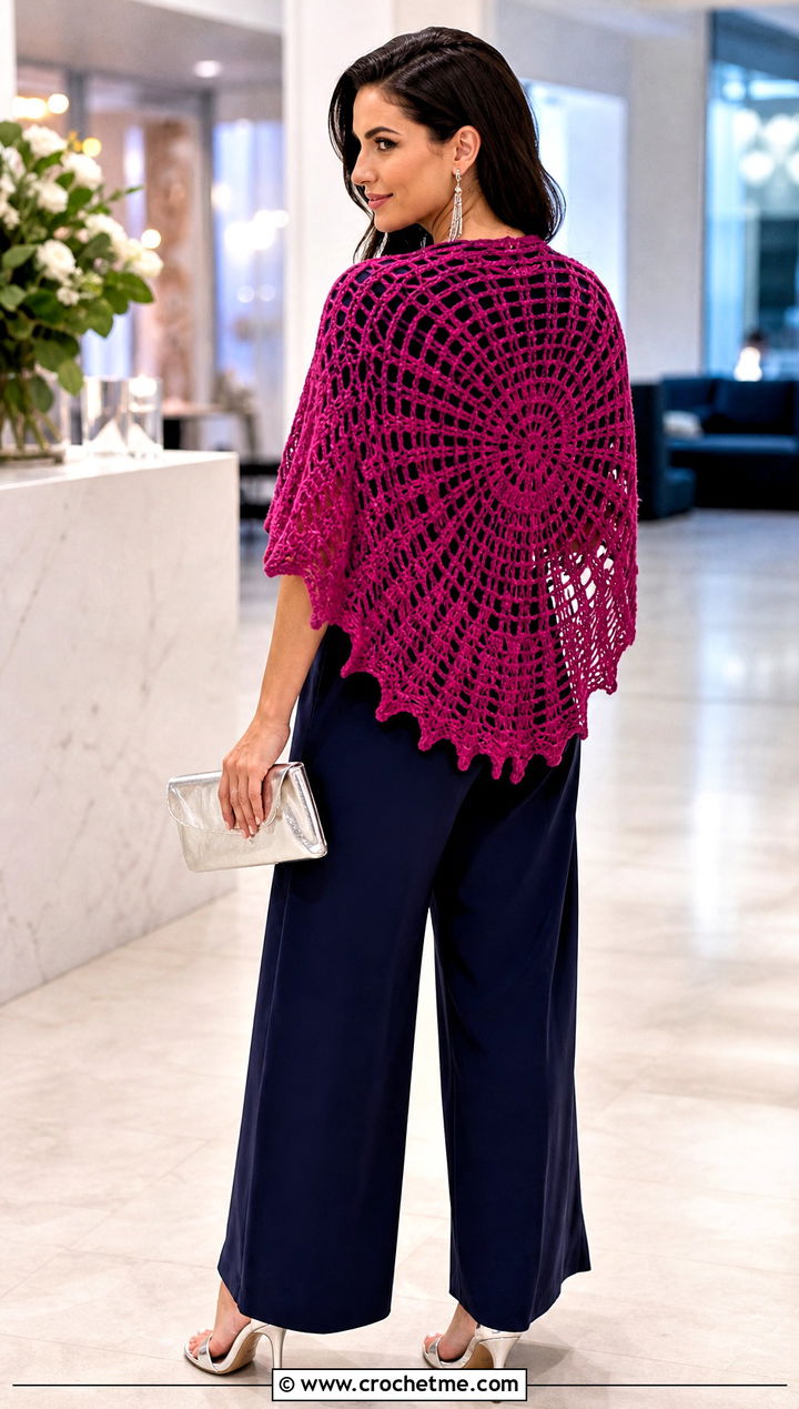 Virus Stitch Crochet Shawl With Wide Leg Jumpsuit - 20 Crochet Shawl Worsted Weight Yarn outfit ideas