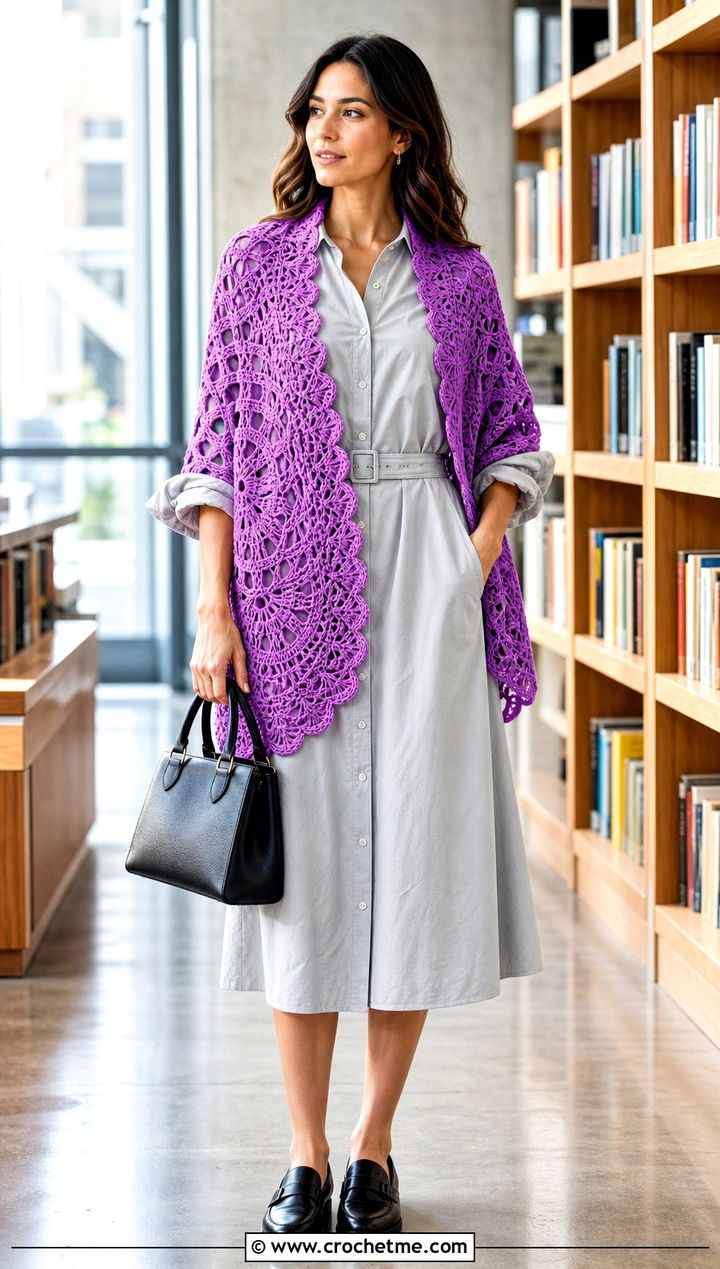 Virus Stitch Crochet Wrap Shawl With Shirt Dress - 35 crochet wrap shawl outfit ideas