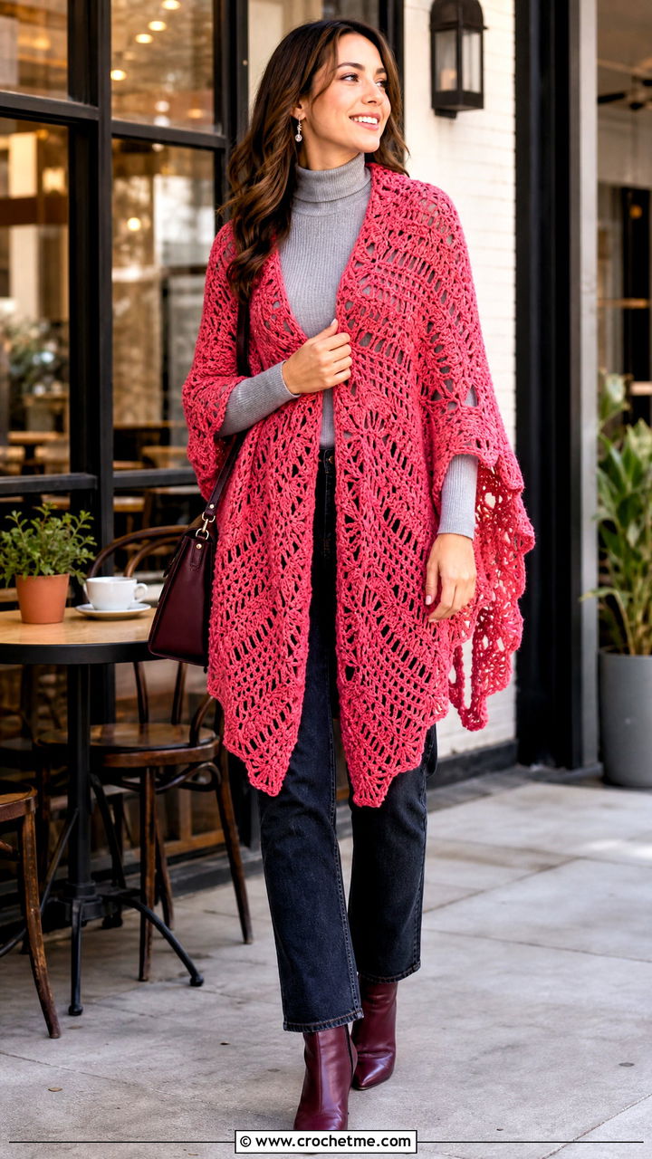 Virus Stitch Crochet Wrap With Turtleneck And Jeans - 35 crochet wrap outfit ideas