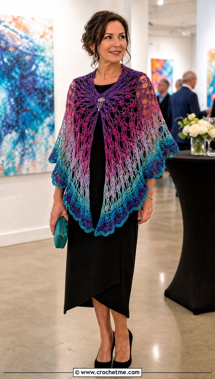 Virus Stitch Mandala Yarn Crochet Shawl With Black Dress - 20 Mandala Yarn Crochet Shawl outfit ideas