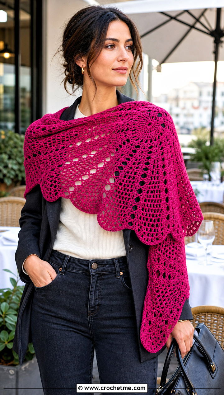 Virus Stitch Shawl With Blazer And Jeans - 25 Crochet Shawl In A Cake outfit ideas