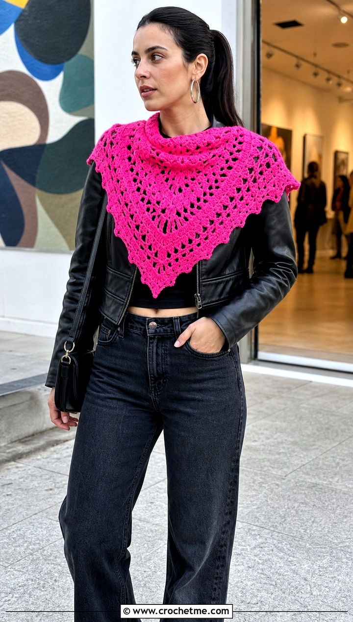 Virus Stitch V Shaped Crochet Shawl With Leather Jacket - 15 V Shaped Crochet Shawl outfit ideas