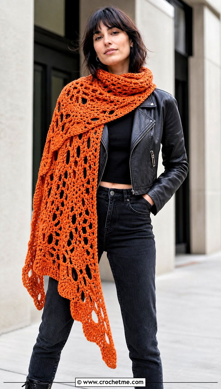 Virus Twist Shawl With Leather Jacket And Straight Jeans - 15 crochet virus shawls outfit ideas