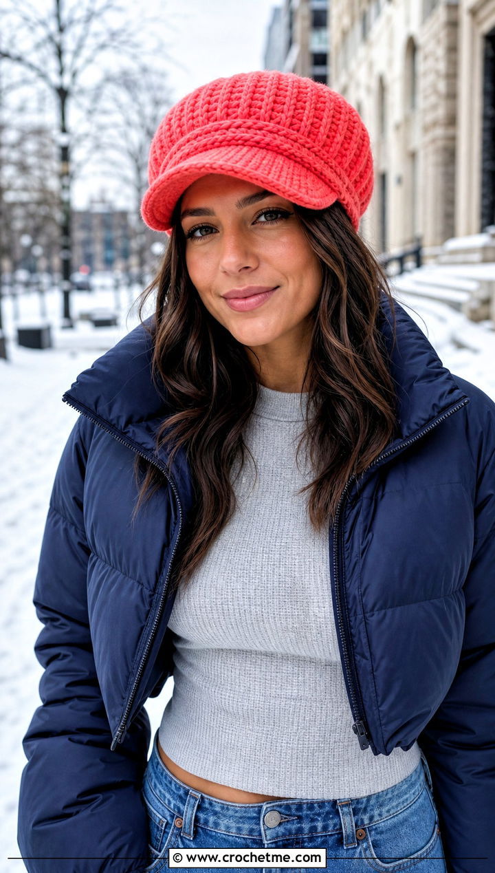 Visor Beanie Crochet Police Hat With Puffer And Straight Jeans - 30 crochet police hat outfit ideas