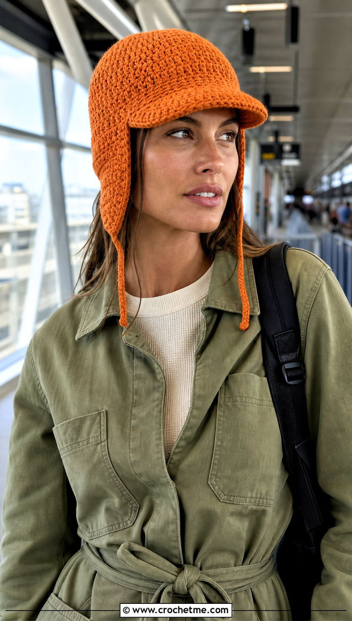 Visor Brim Crochet Ear Flap Hat With Utility Jumpsuit - 30 crochet adult ear flap hat outfit ideas