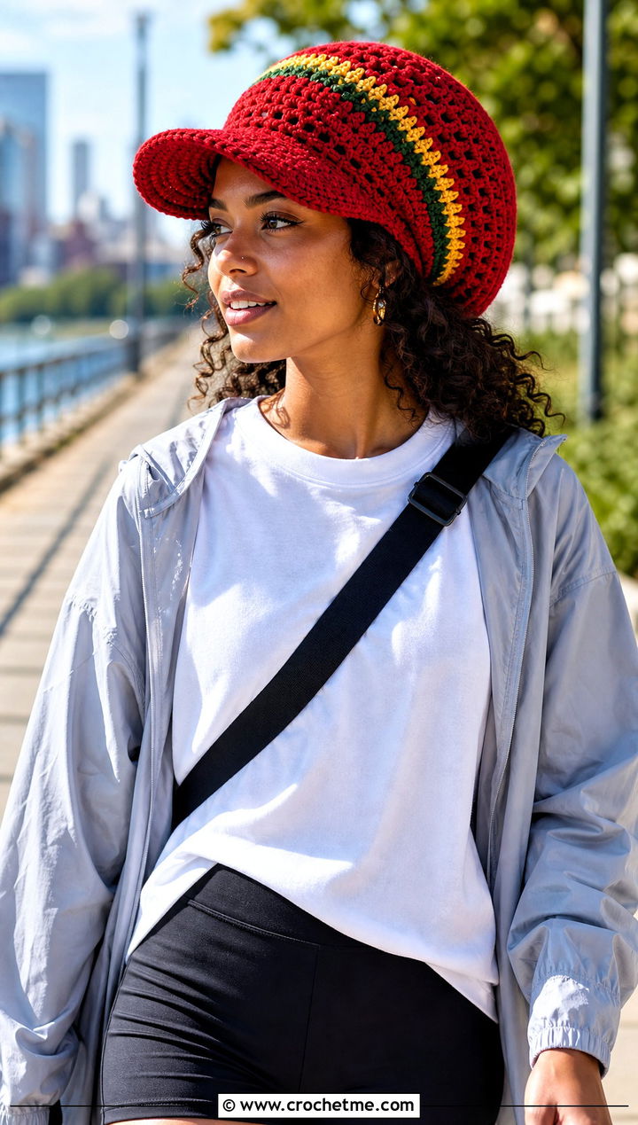 Visor Brim Crochet Rasta Tam Hat With Bike Shorts - 25 crochet rasta tam hat outfit ideas