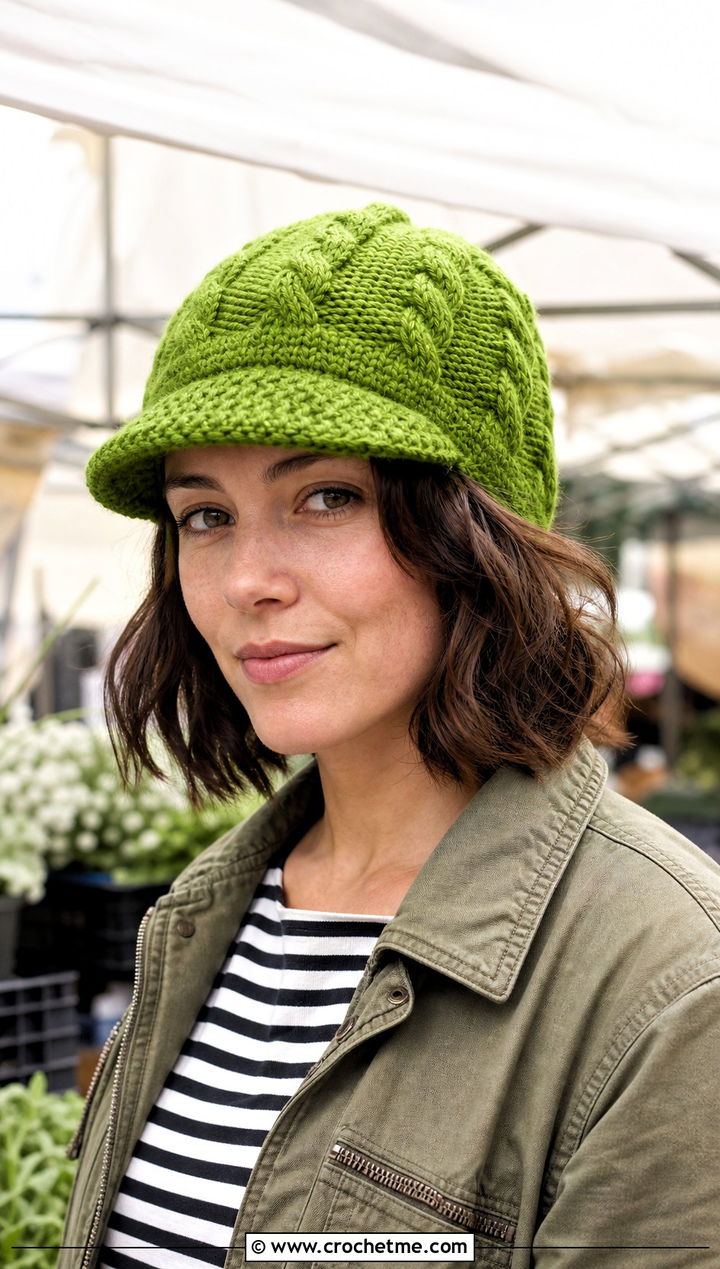 Visor Cable Stitch Beanie With Utility Jacket - 25 Crochet Cable Stitch Hat outfit ideas