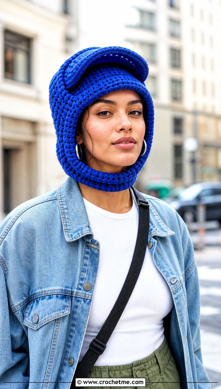 Visor Crochet Astronaut Hat With Denim Jacket And Cargo Pants - 15 Crochet Astronaut Hat outfit ideas