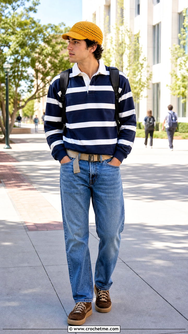Visor Crochet Beanie With Rugby Shirt And Straight Jeans - 35 crochet hat men outfit ideas