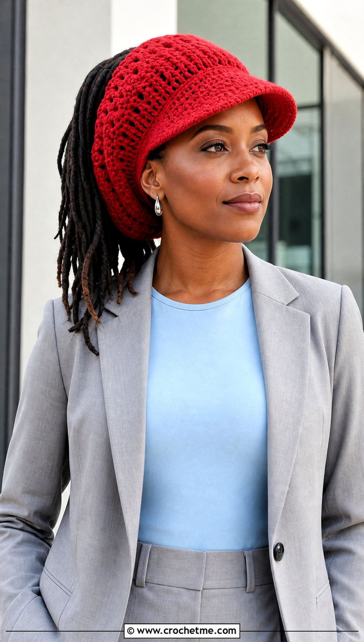 Visor Crochet Dreadlock Tam With Blazer And Tailored Trousers - 25 Crochet Dreadlock Hat outfit ideas