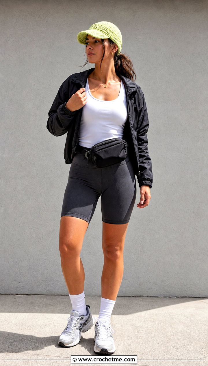Visor Single Crochet Beanie With Track Jacket And Bike Shorts - 35 single crochet beanie outfit ideas