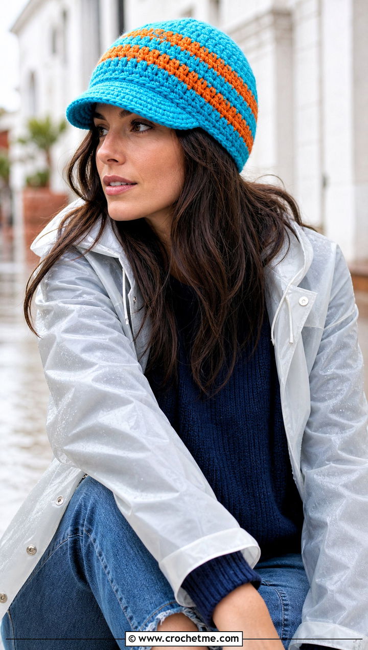 Visor Two Color Crochet Beanie With Raincoat - 30 2 color crochet beanie hat outfit ideas