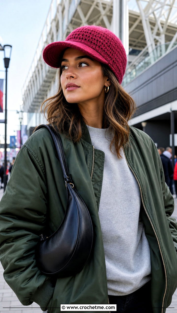Visor Wool Crochet Beanie With Bomber Jacket - 25 Wool Crochet Hat outfit ideas