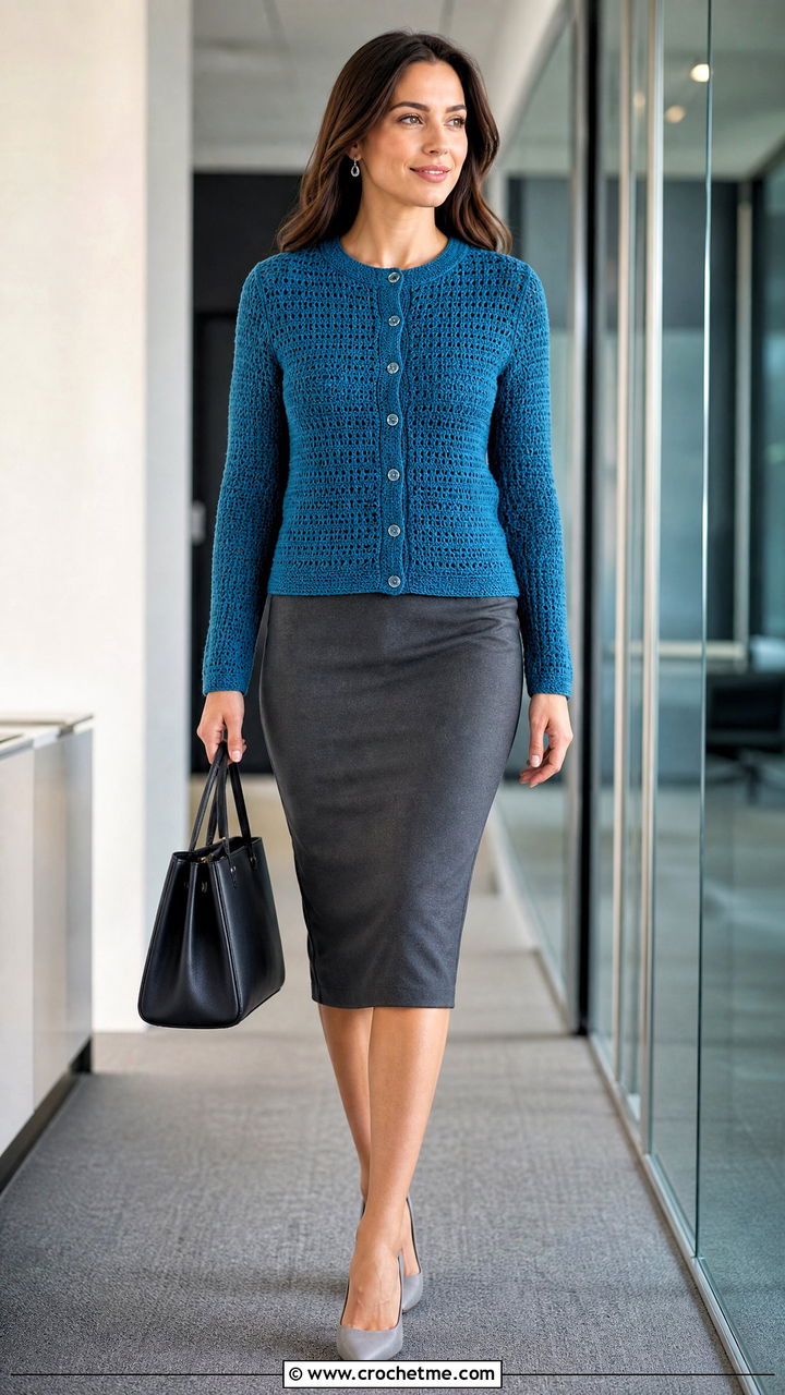 Vivid Teal Blue Button Front Crochet Sweater With Pencil Skirt - 35 blue crochet sweater outfit ideas