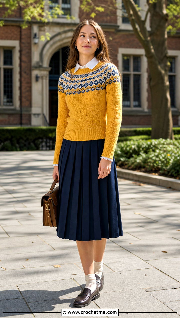 Voss Pattern Norwegian Crochet Sweater With Pleated Skirt - 20 Norwegian Crochet Sweater outfit ideas