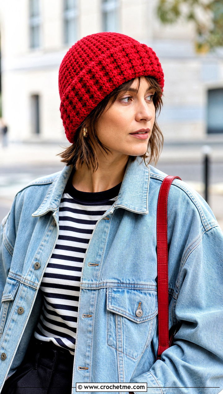 Waffle Brim Crochet Beanie With Denim Jacket - 20 waffle crochet beanie outfit ideas