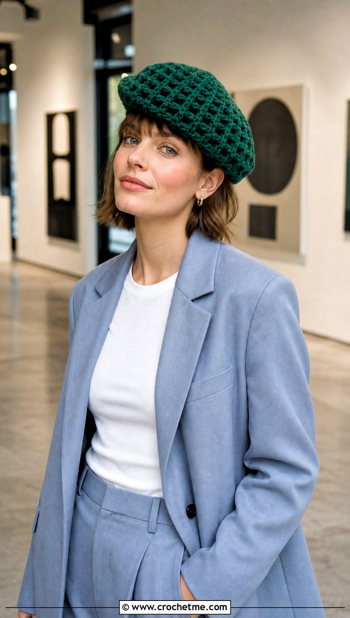 Waffle Crochet Beret With Trouser Suit - 20 Waffle Crochet Hat outfit ideas