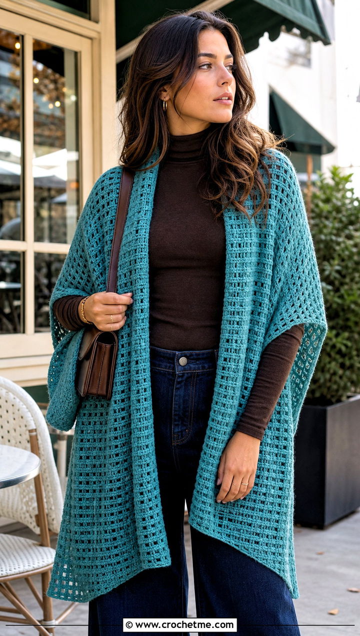 Waffle Crochet Ruana Shawl With Wide Leg Jeans - 15 Waffle Crochet Shawl outfit ideas