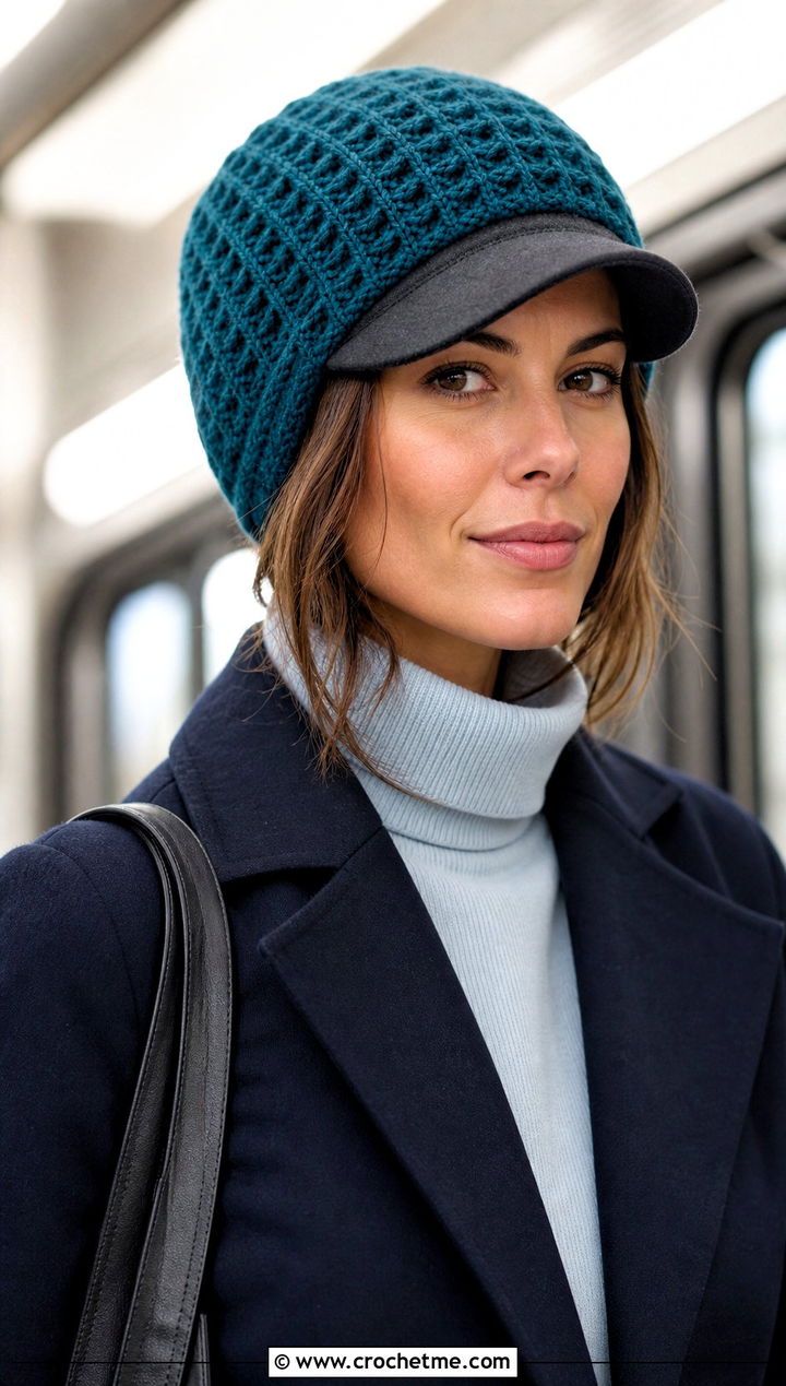 Waffle Stitch Baseball Cap Ear Warmer With Tailored Coat - 20 crochet baseball cap ear warmer outfit ideas