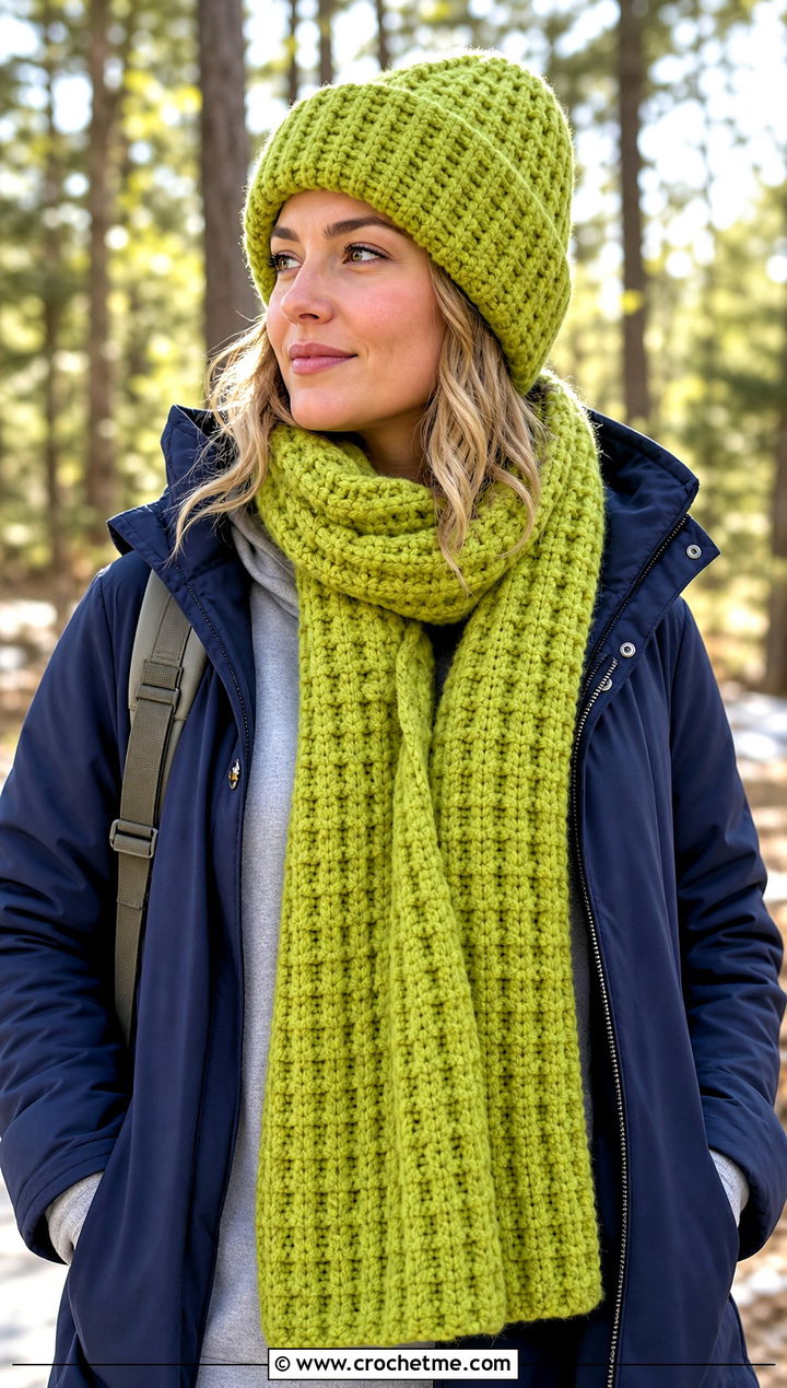 Waffle Stitch Beanie And Scarf Set With Parka - 25 Crochet Scarf And Hat Set outfit ideas