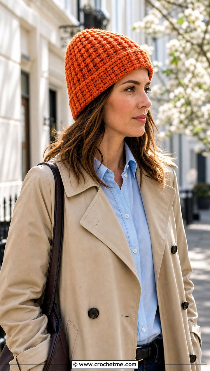 Waffle Stitch Beanie With Trench Coat - 25 one skein crochet hat outfit ideas