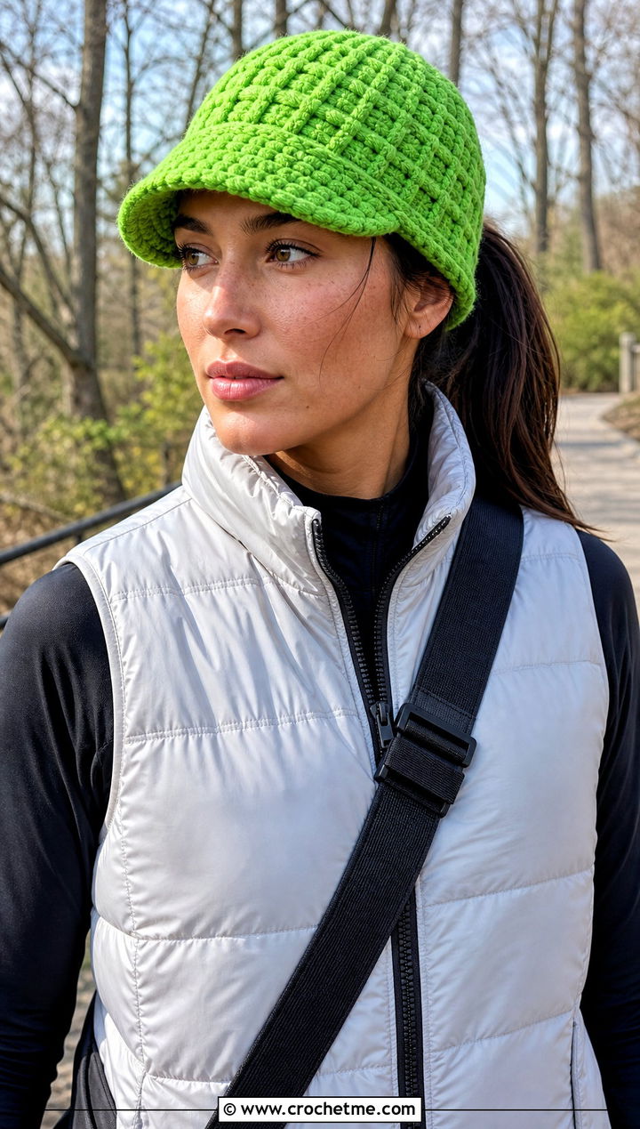 Waffle Stitch Brimmed Crochet Beanie With Puffer Vest - 15 Brimmed Crochet Beanie outfit ideas