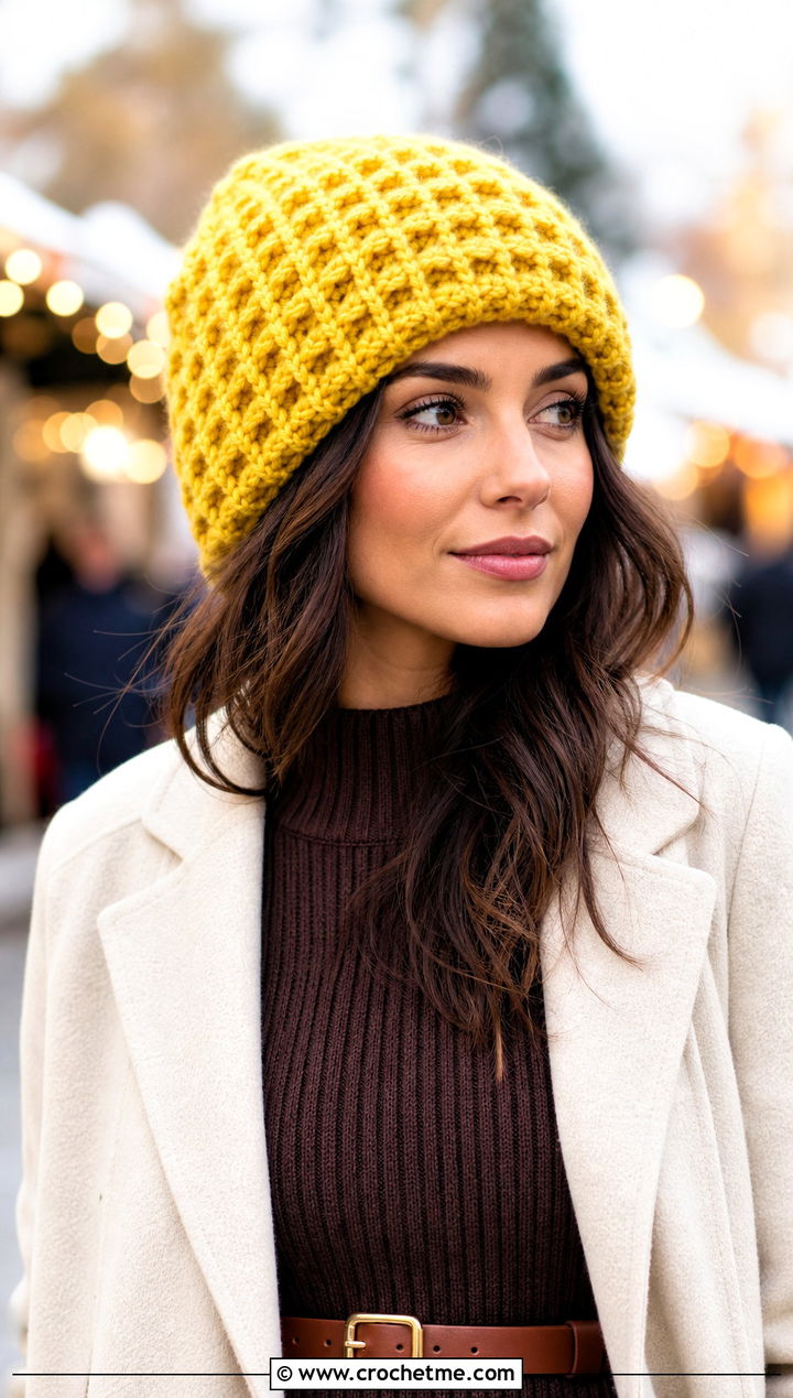 Waffle Stitch Bulky Crochet Beanie With Sweater Dress - 30 bulky crochet beanie outfit ideas