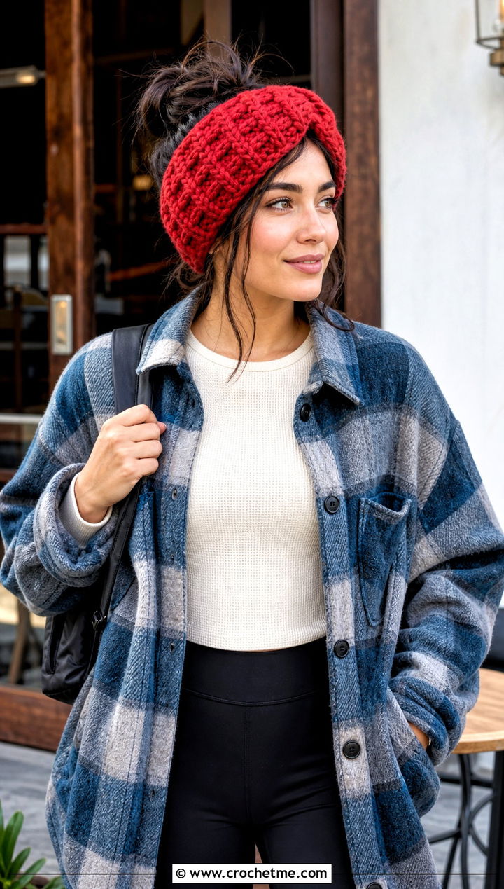 Waffle Stitch Bulky Crochet Ear Warmer With Shacket - 25 Bulky Crochet Ear Warmer outfit ideas