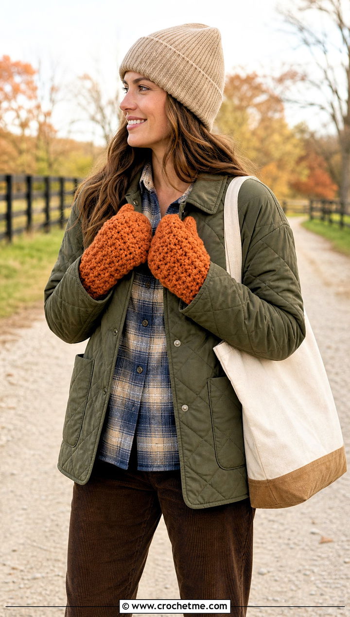 Waffle Stitch Bulky Crochet Mittens With Quilted Jacket - 20 Crochet Mittens Bulky Yarn outfit ideas