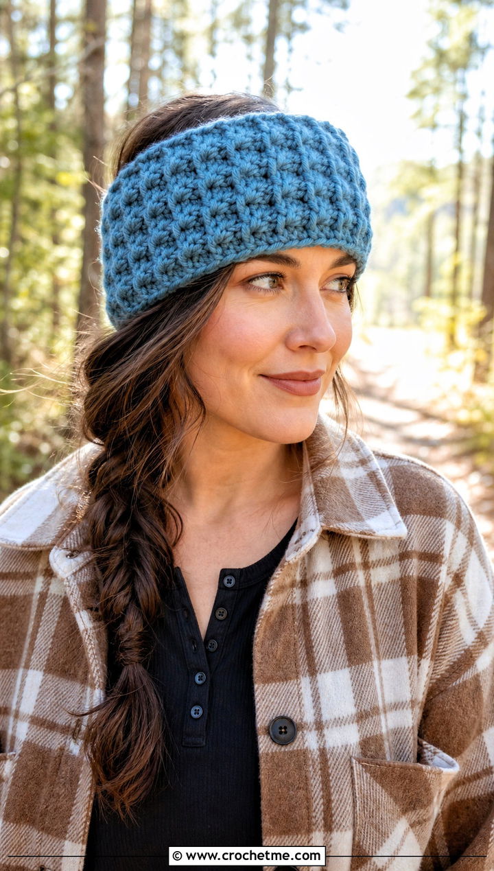 Waffle Stitch Bulky Yarn Crochet Headband With Shacket - 25 bulky yarn crochet headband outfit ideas
