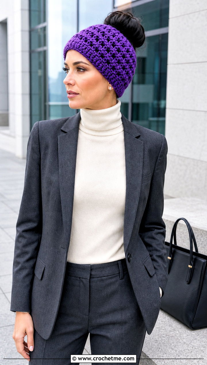 Waffle Stitch Bun Crochet Beanie With Blazer And Trousers - 25 Bun Crochet Beanie outfit ideas